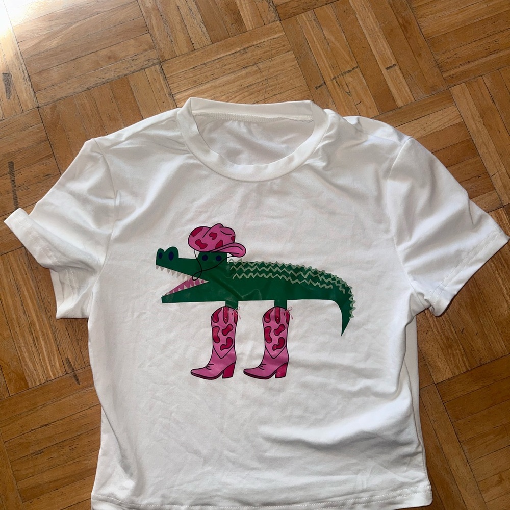 White T-Shirt with Pink and Green Graphic